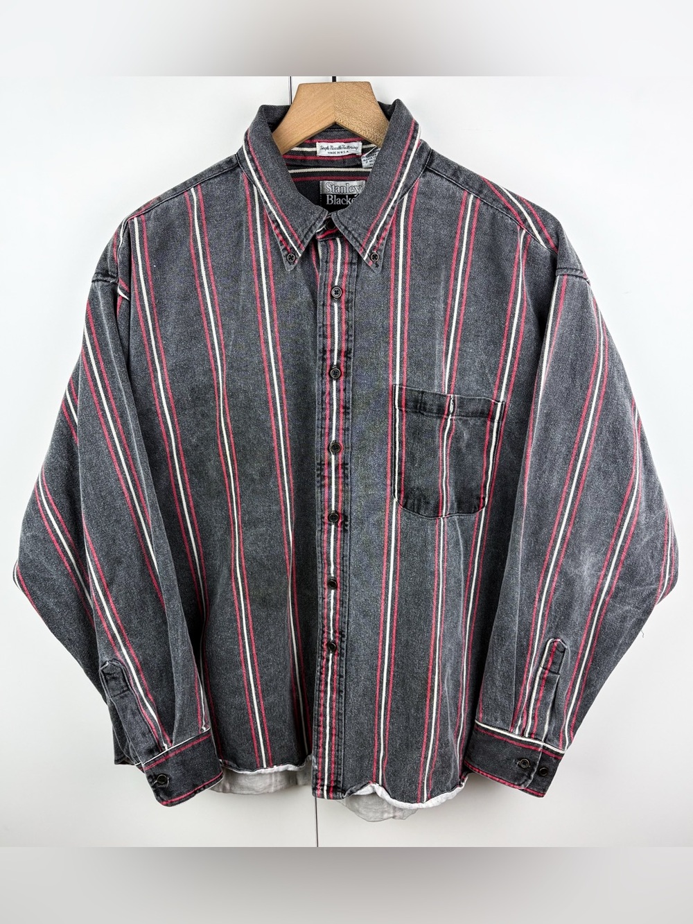 Vintage 100% Cotton Gray Red Striped Casual Button Down Shirt Grunge Mens XL
